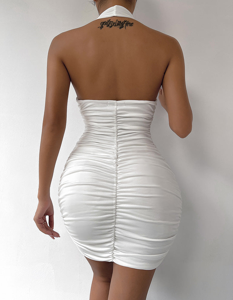 Solid-color Halter Backless Ruched Short Bodycon Dresses