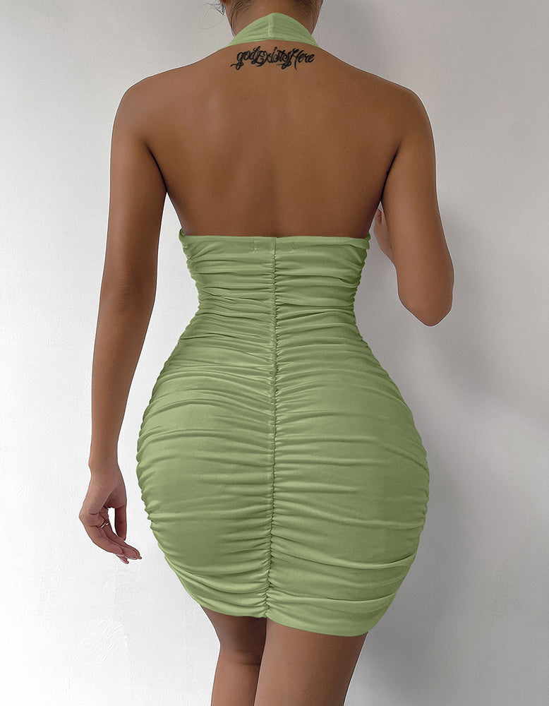 Solid-color Halter Backless Ruched Short Bodycon Dresses