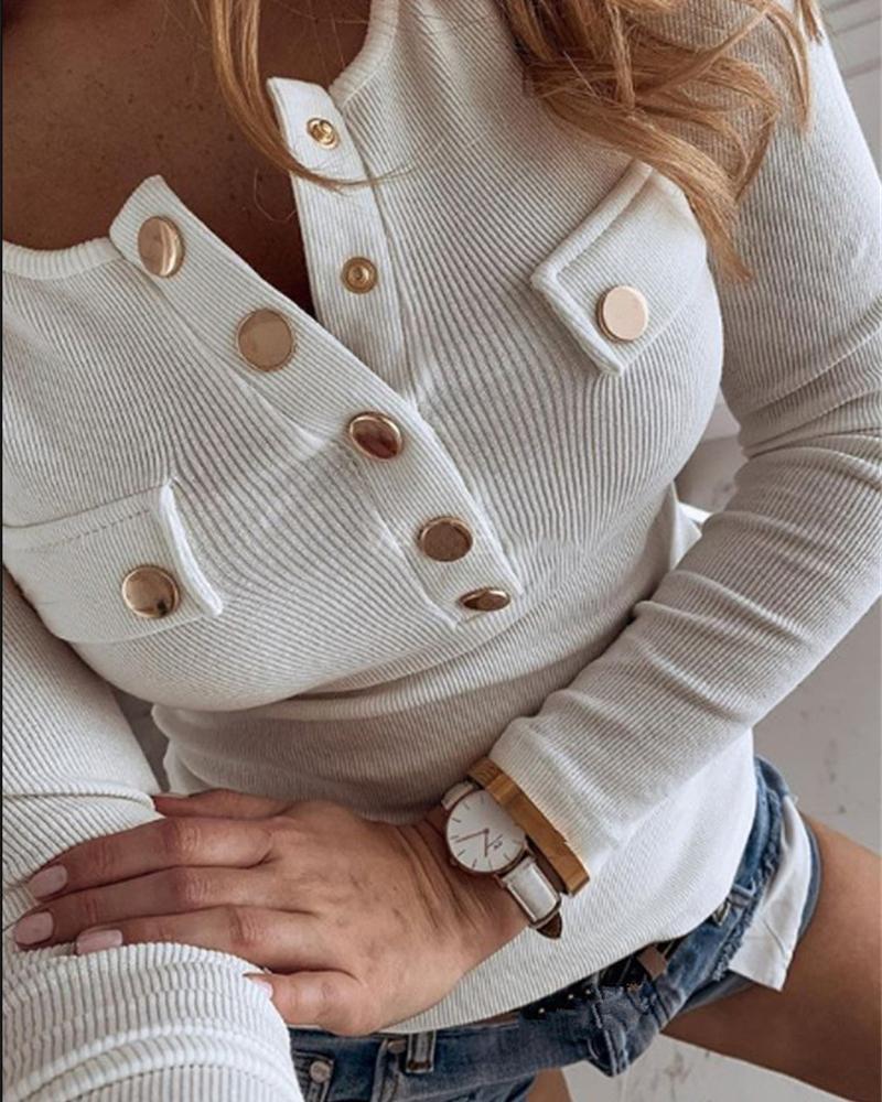 Solid Rib-Knit Button Front Long Sleeve Square Neck Top-Pinkami