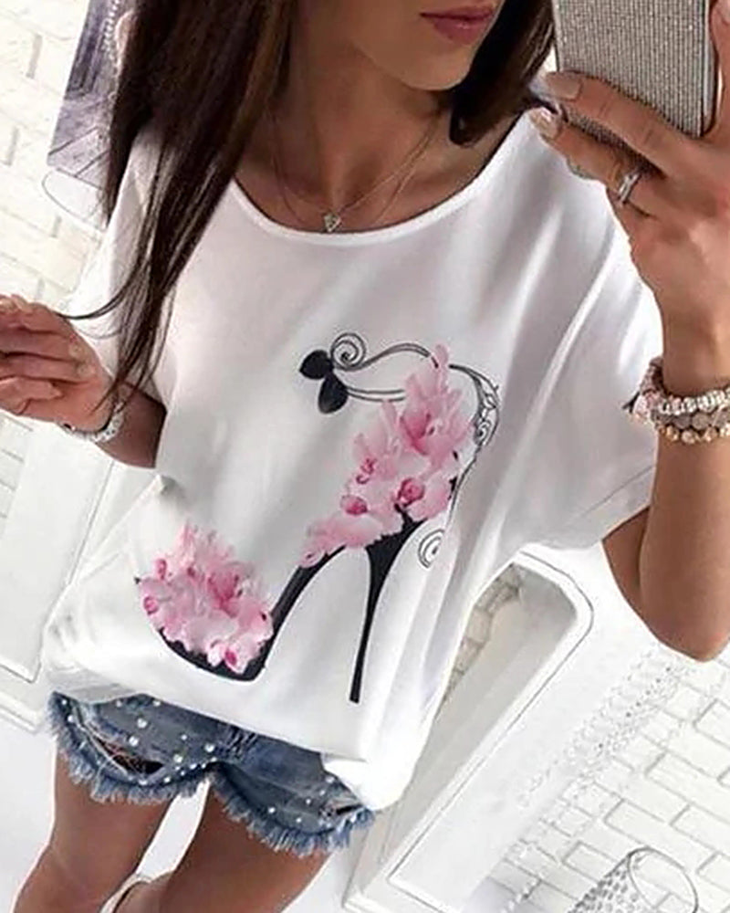 Floral & High Heel Print Drop Shoulder T-Shirt-Pinkami