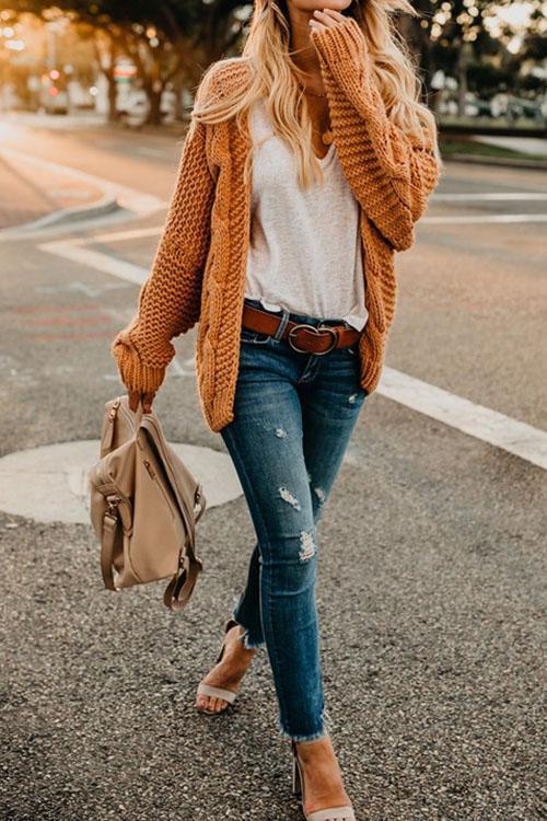 Loose Long-sleeved Twist Knit Sweater Big Twisted Rope Cardigan-Pinkami