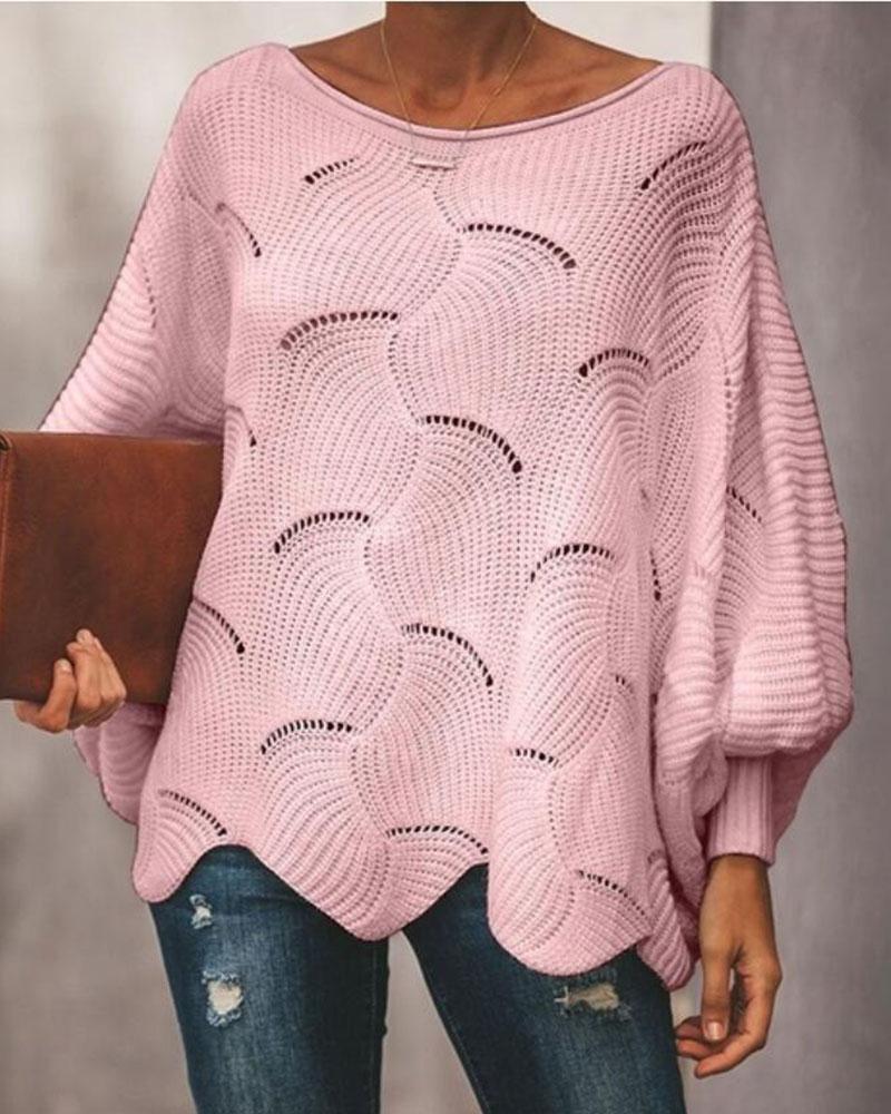 Solid Hollow Out Asymmetrical Hem Boat Neck Sweater-Pinkami