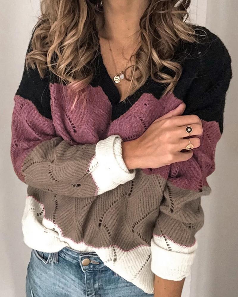 Colorblock Pointelle Knit V Neck Sweater-Pinkami