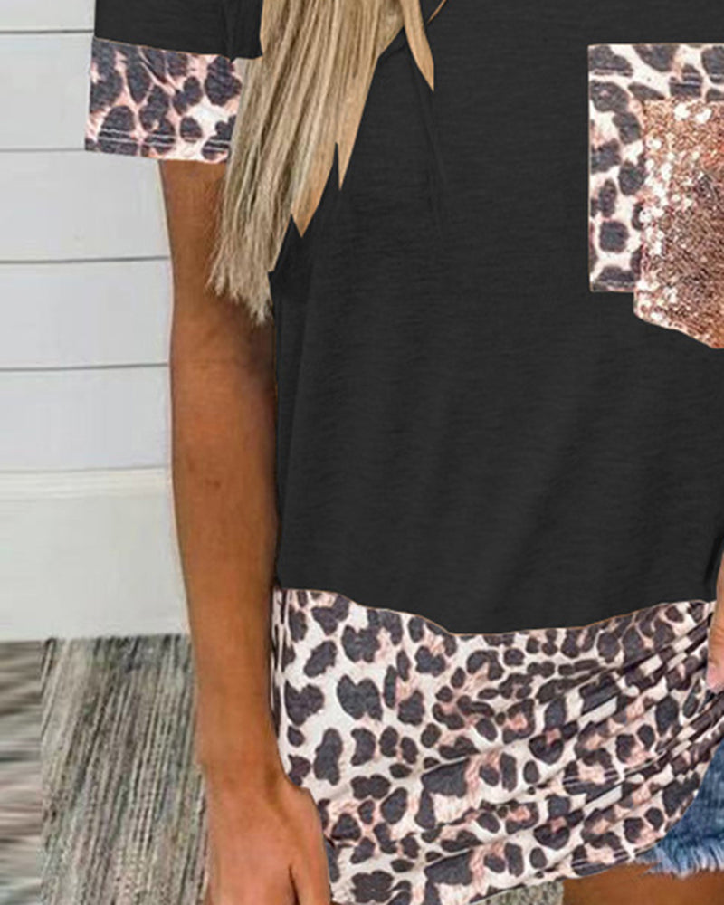 Contrast Leopard Sequin Patched Pocket T-Shirt-Pinkami