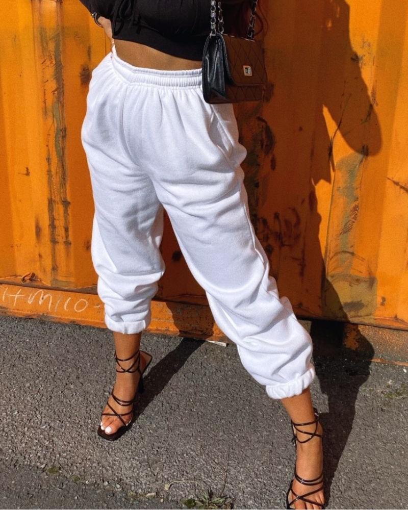 Slant Pokcet Elastic Waist Straight Leg Sports Pants For Women-Pinkami