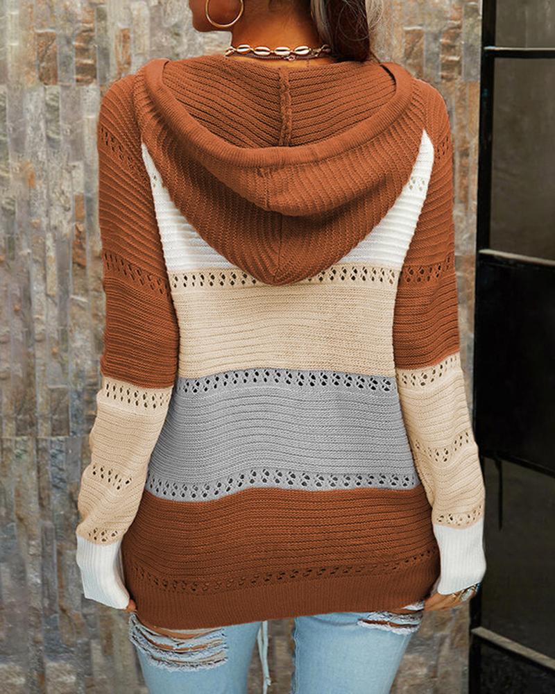 Colorblock Lace Up Pointelle Knit Hooded Sweater-Pinkami