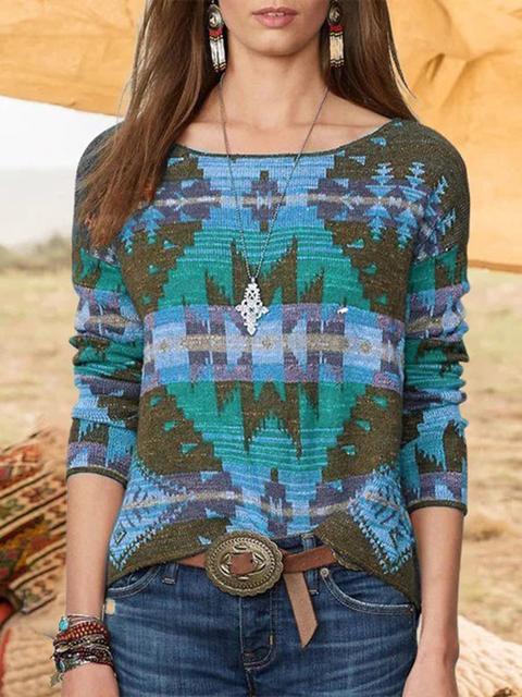 Round Neck Bohemia Print Sweater-Pinkami
