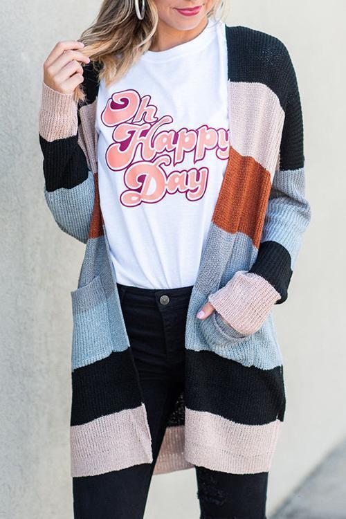 Knitwear Long Round neck Stitching Rainbow Striped Cardigan-Pinkami