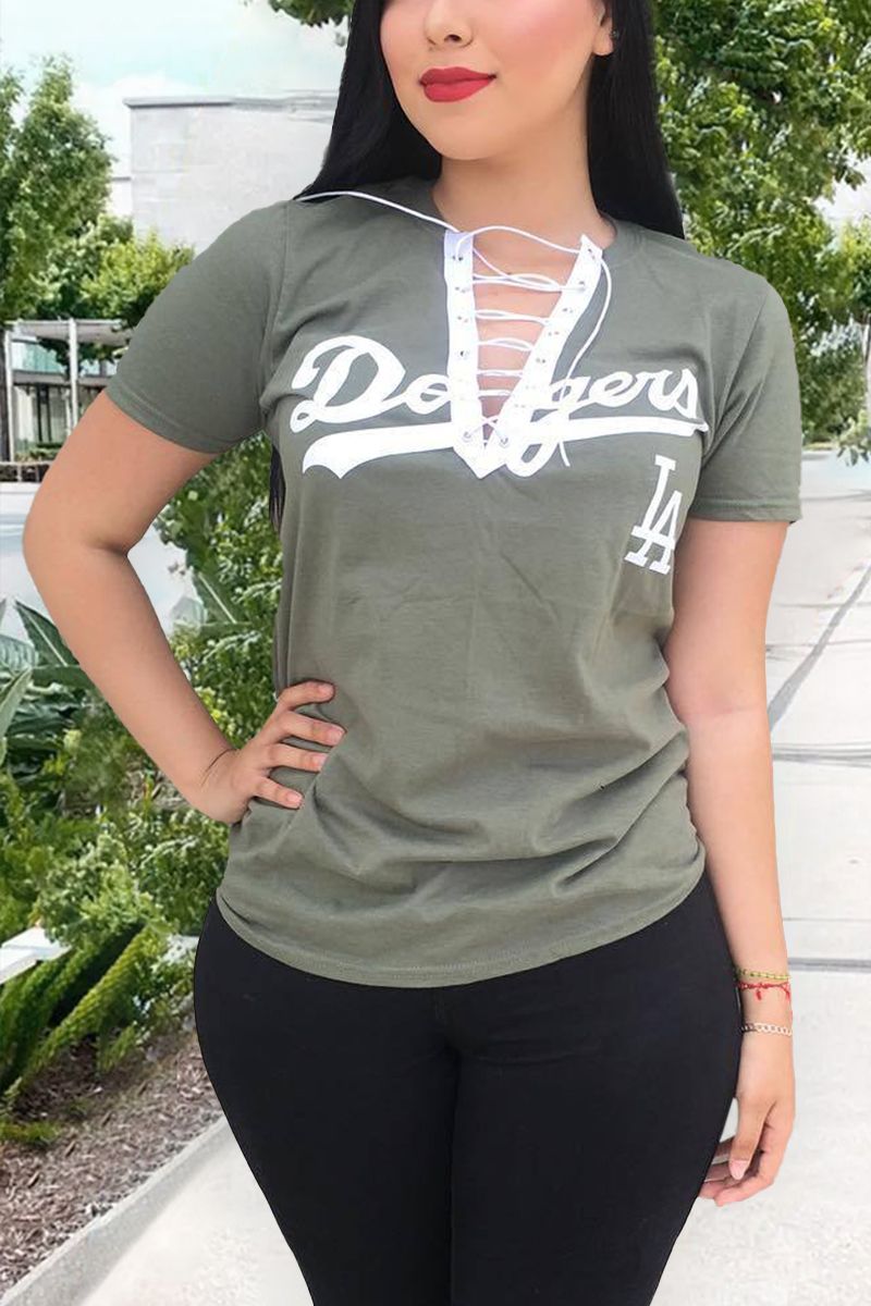 Letter Print Eyelet Lace Up T-Shirt-Pinkami