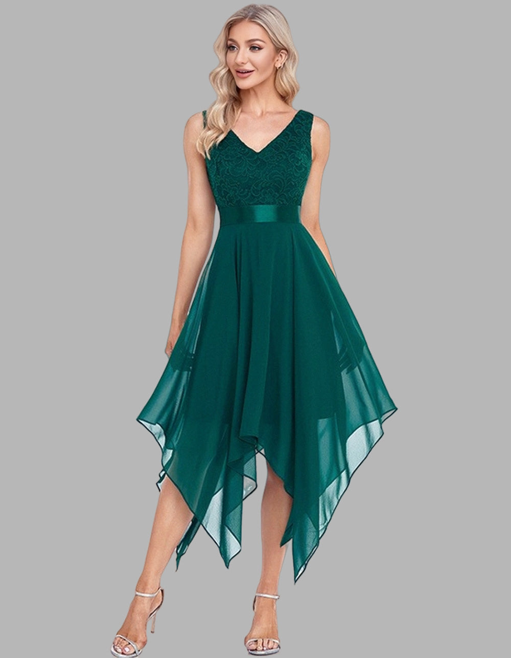 Solid-color V Neck Sleeveless Lace Chiffon Irregular Cocktail A-Line Dresses
