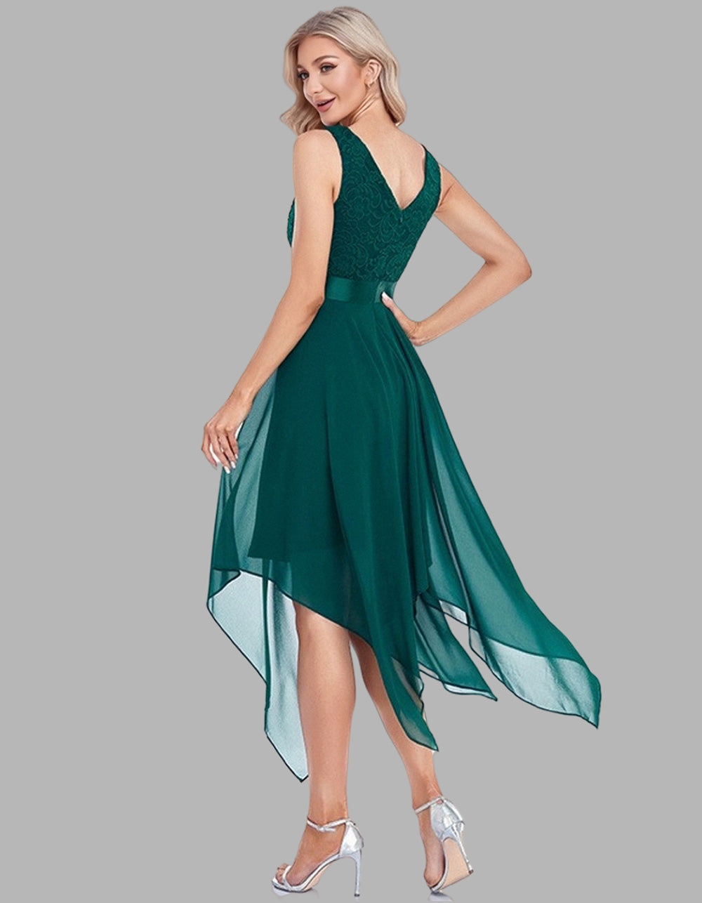 Solid-color V Neck Sleeveless Lace Chiffon Irregular Cocktail A-Line Dresses