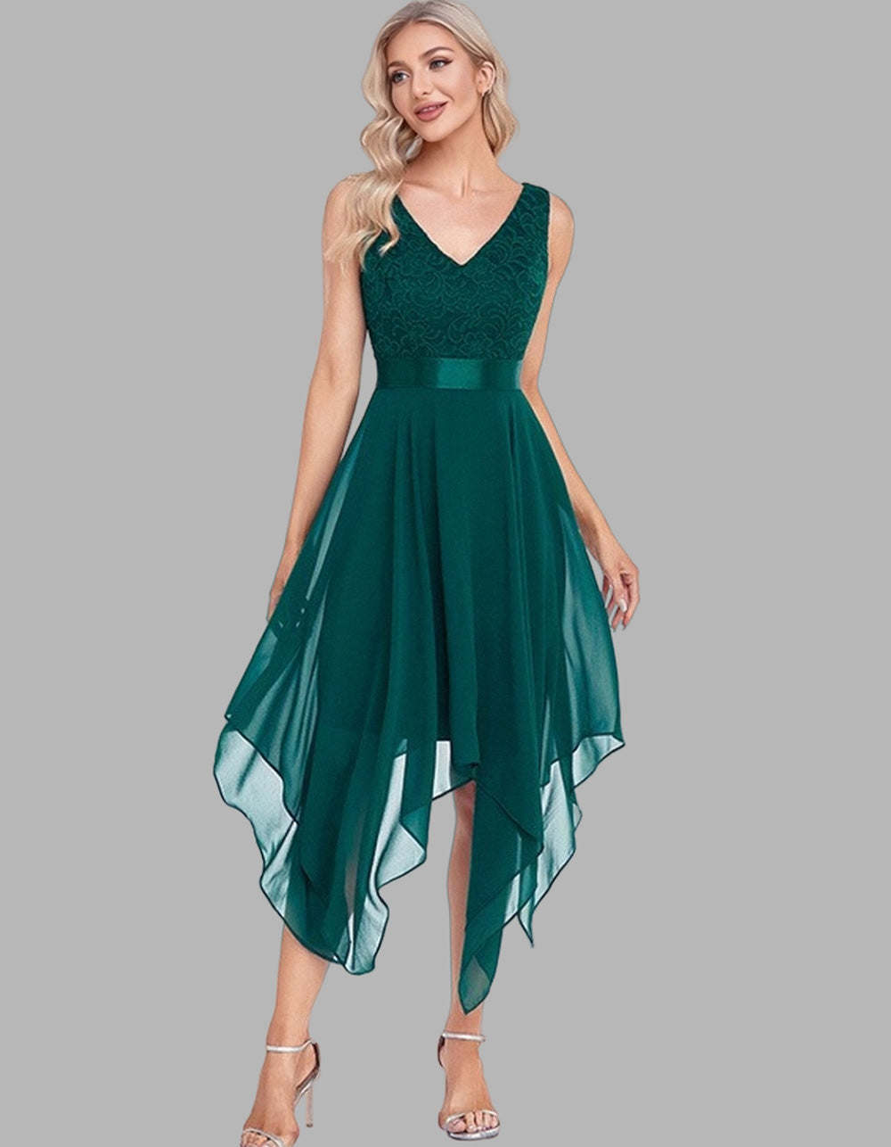 Solid-color V Neck Sleeveless Lace Chiffon Irregular Cocktail A-Line Dresses