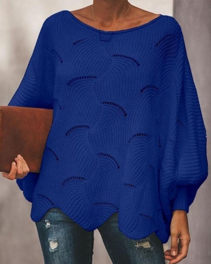 Solid Hollow Out Asymmetrical Hem Boat Neck Sweater-Pinkami