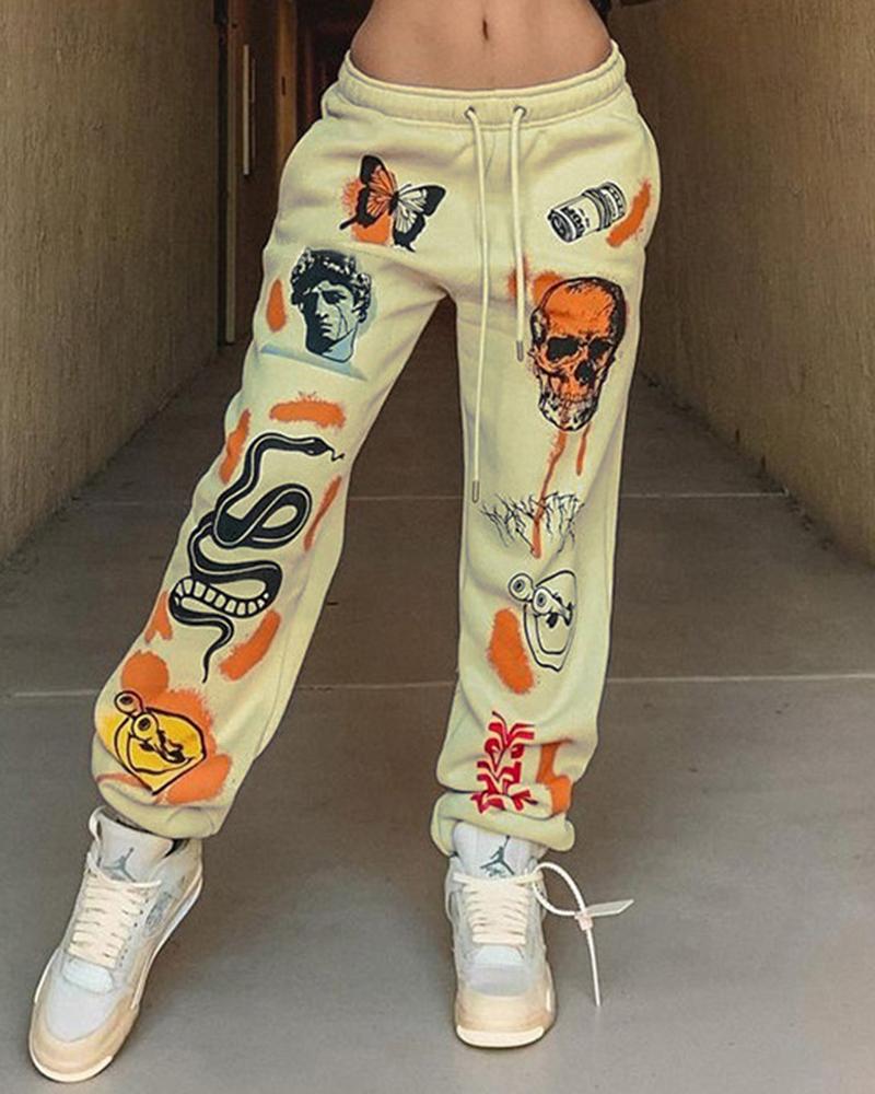 Cartoon Print Drawstring Front Pocket Detail Sports Pants For Women-Pinkami