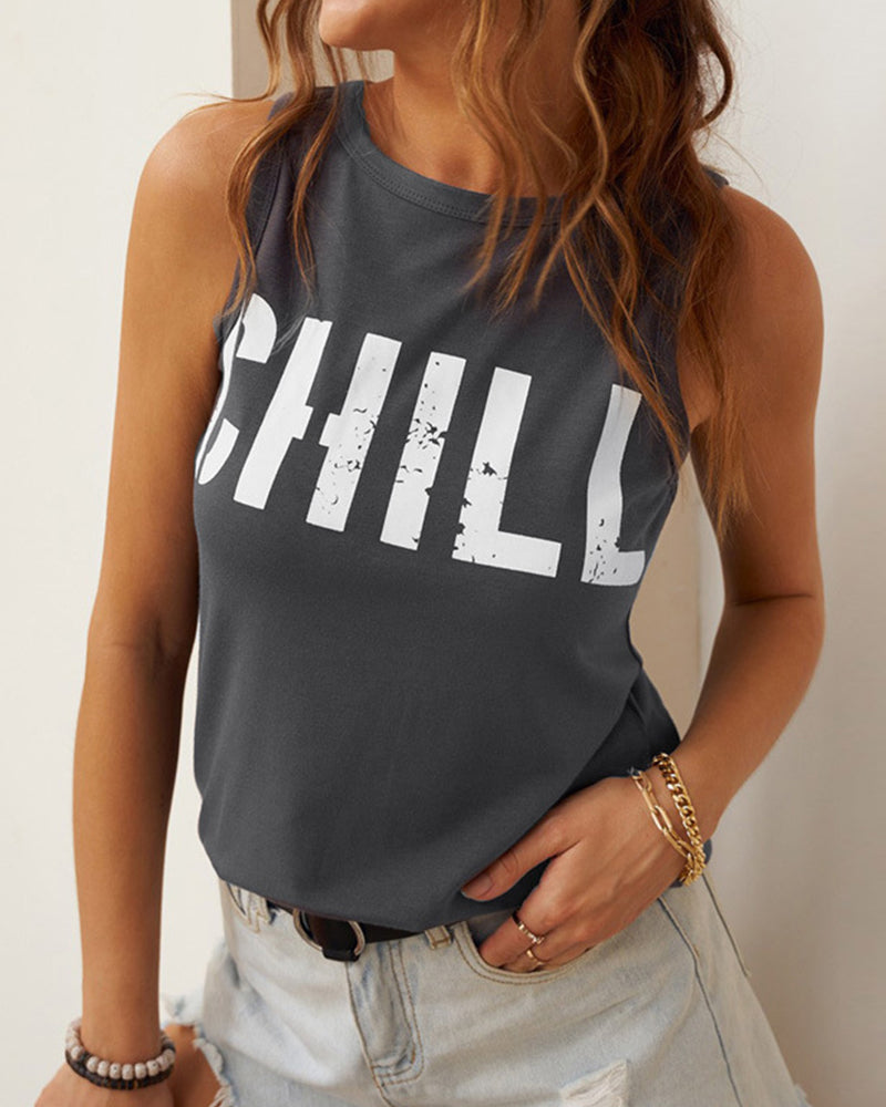 Letter Print Round Neck Tank Top-Pinkami