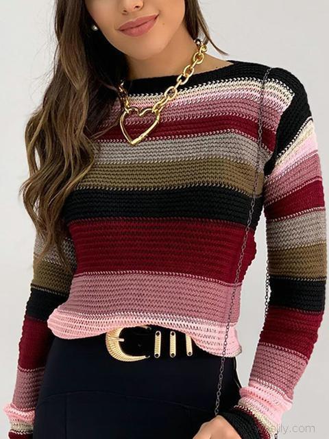 Slim Striped Long Sleeve Sweater-Pinkami