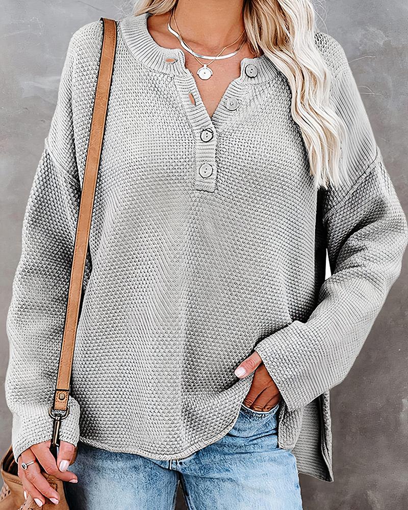 Solid Waffle Knit Topstitching Split Hem Button Detail Sweater-Pinkami