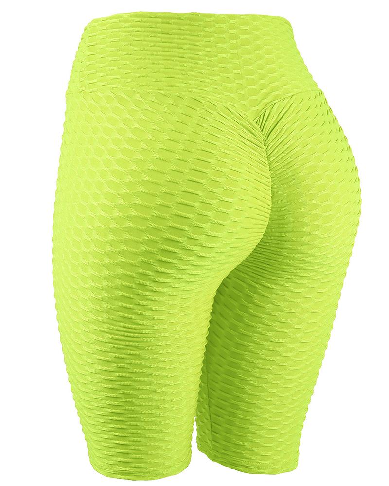 High Waist Ruched Textured Sports Shorts-Pinkami