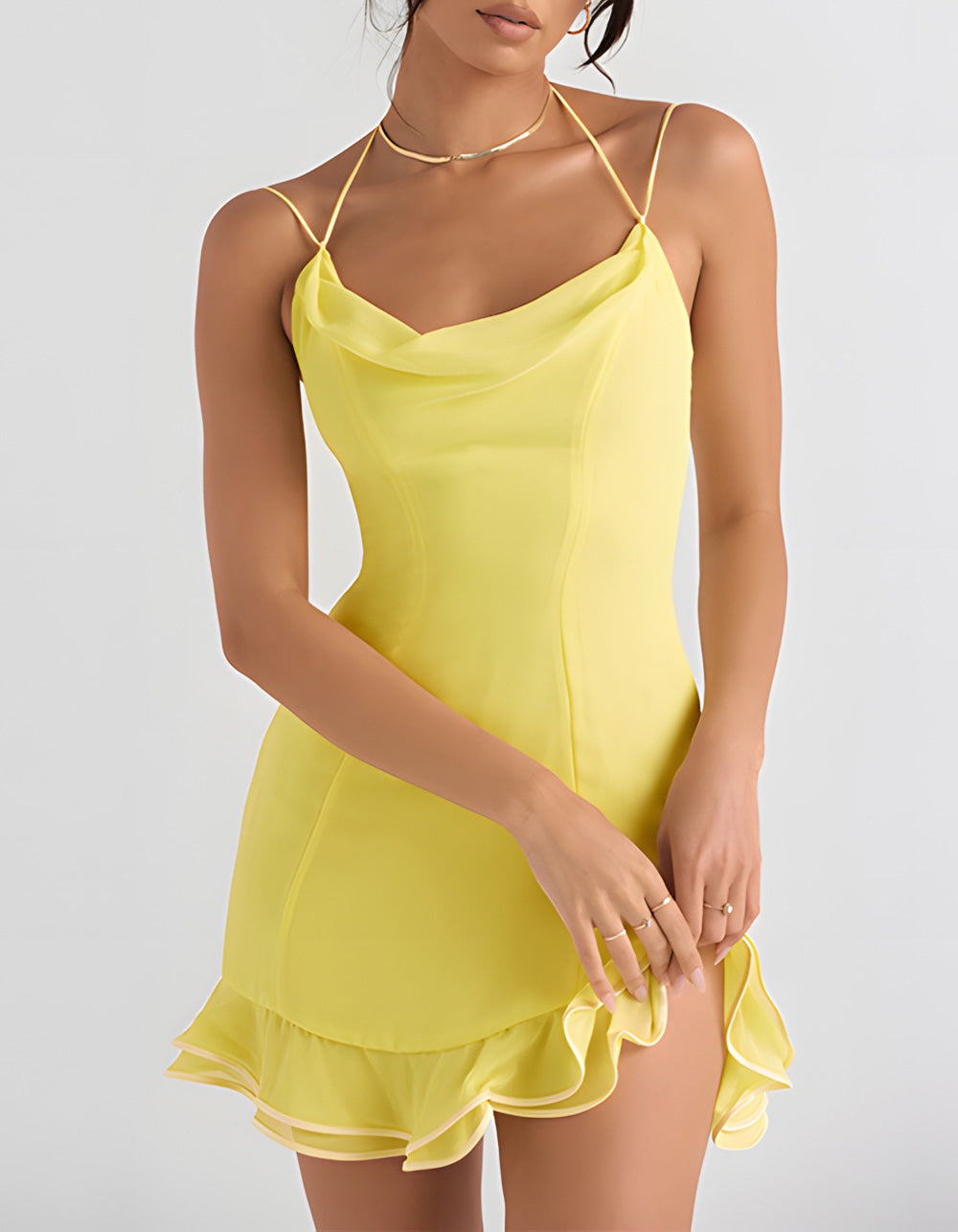 Solid-color Halter Sleeveless Ruffle Short Dresses