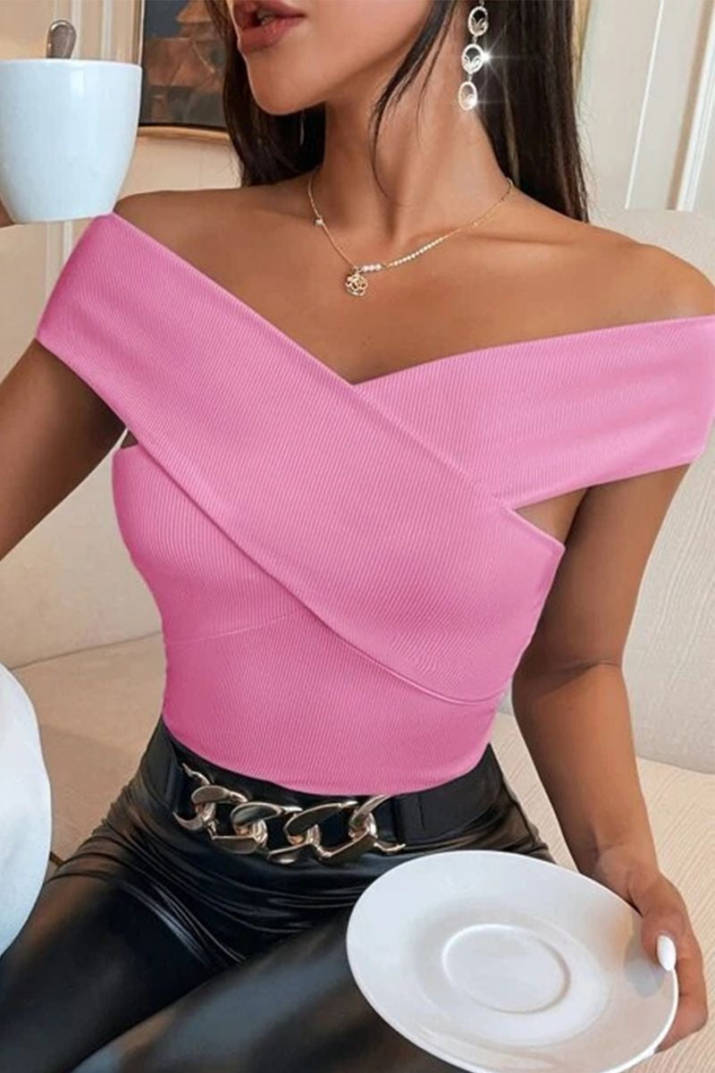 Solid Ribbed Criss Cross Off Shoulder T-Shirt-Pinkami