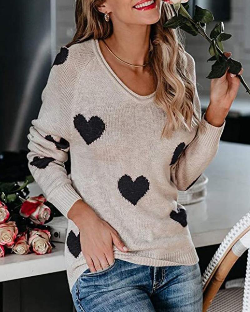 Heart Print Rib Knit Raglan Sleeve Sweater-Pinkami