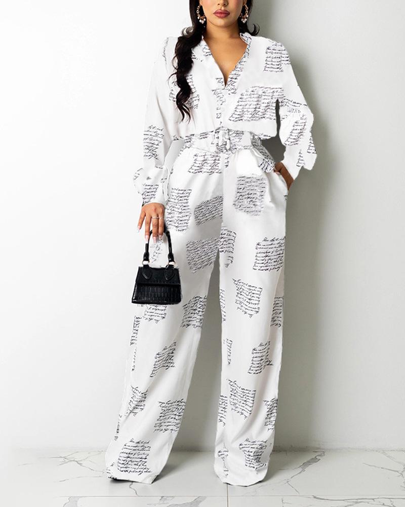Allover Print Belted Button Up Shirt & Wide Leg Pants-Pinkami