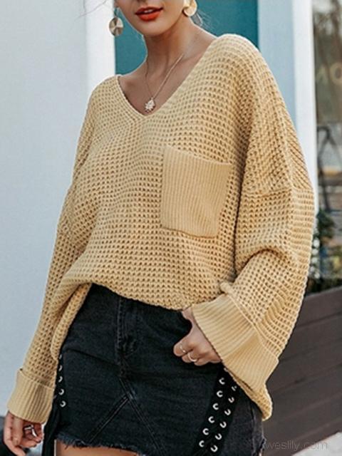 V Neck Loose Solid Sweater-Pinkami