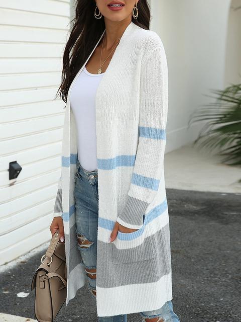 Stripe Stitching Contrast Sweater Cardigan-Pinkami