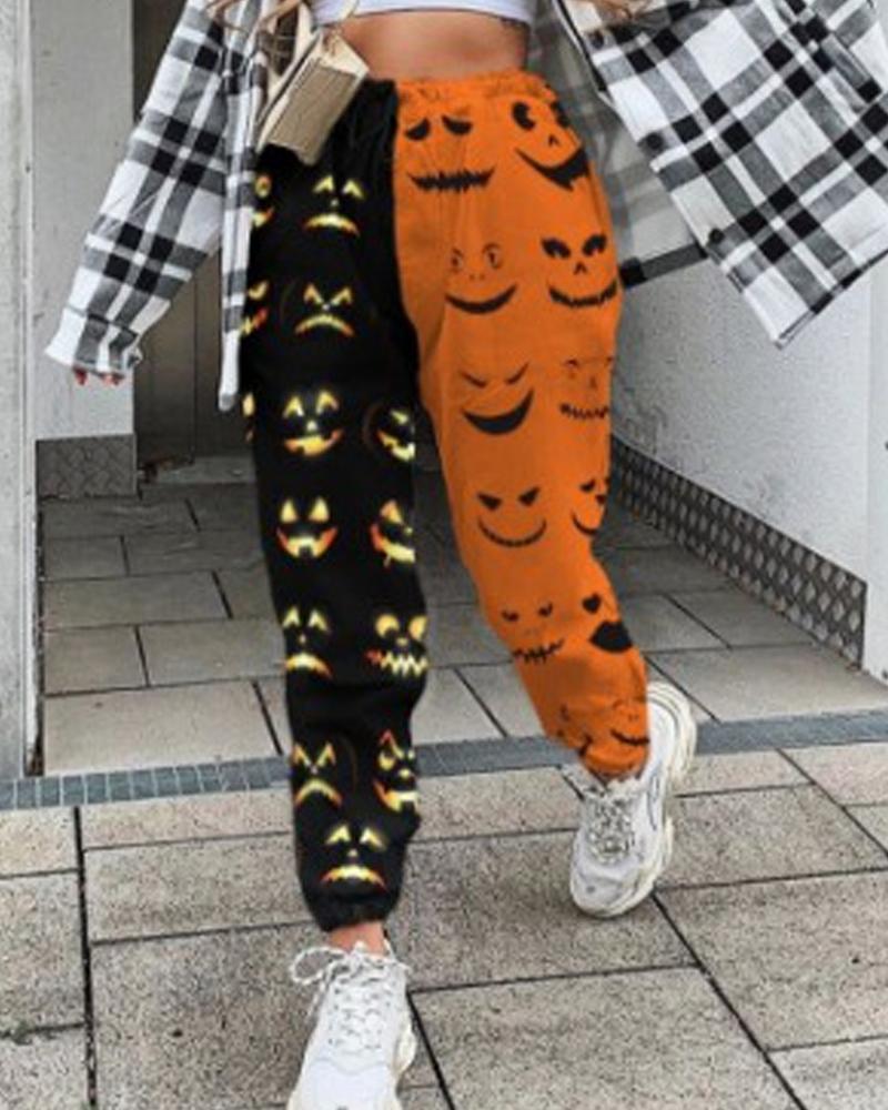 Colorblock & Halloween Graphic Print Pocket Decor Joggers For Women-Pinkami