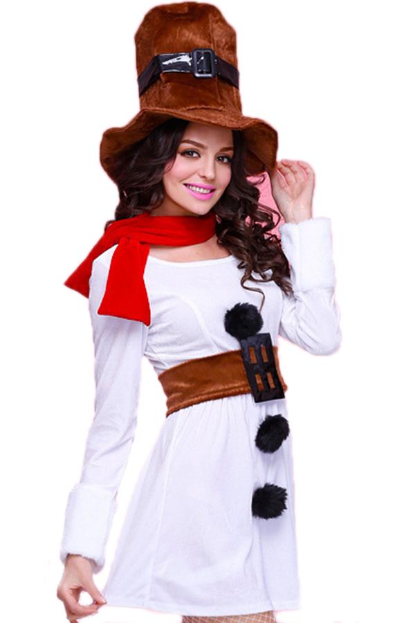 White Funny Womens Long Sleeve Dress Christmas Snowman Costume-Pinkami