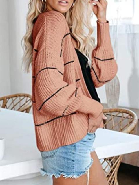 Striped Long Sleeve Loose Sweater Cardigan-Pinkami