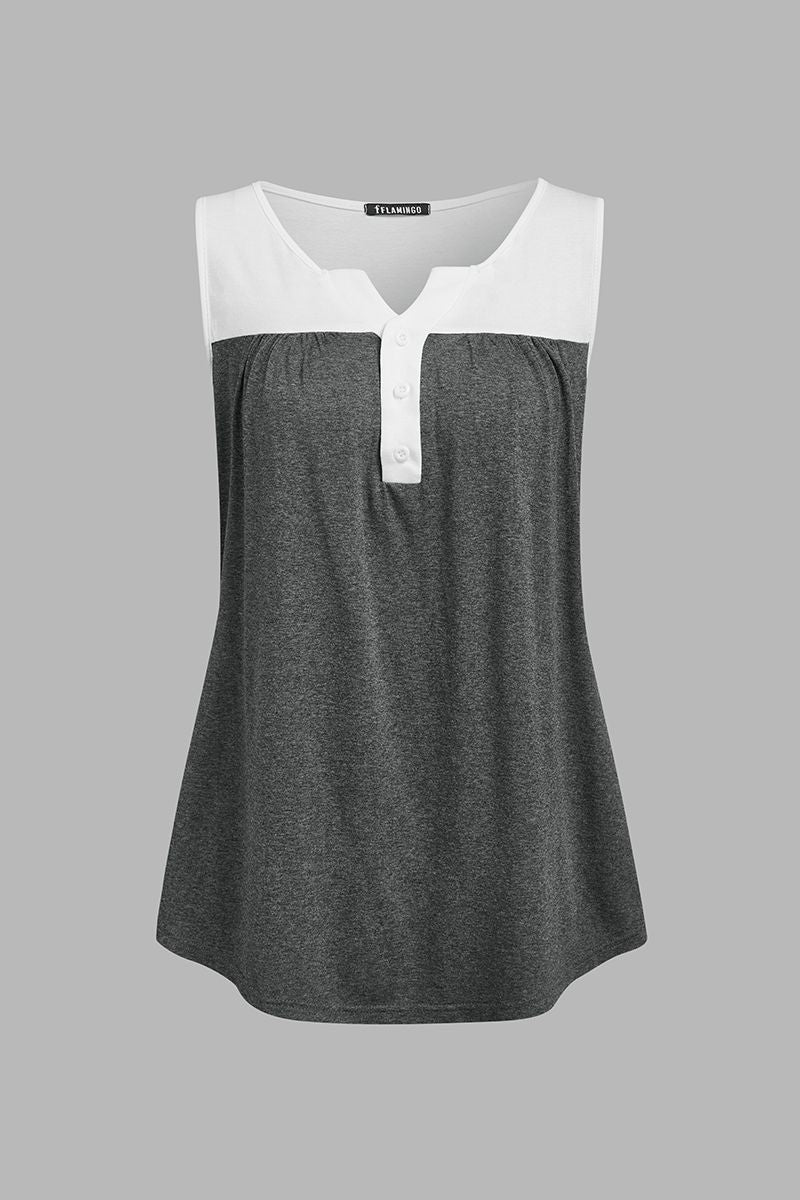 Two Tone Half Button Ruched Tank Top-Pinkami