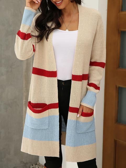 Stripe Stitching Contrast Sweater Cardigan-Pinkami