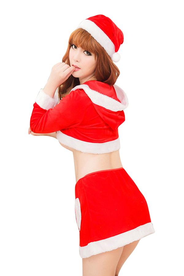 Womens Sexy Hooded Long Sleeve Crop Top Christmas Santa Costume Red-Pinkami