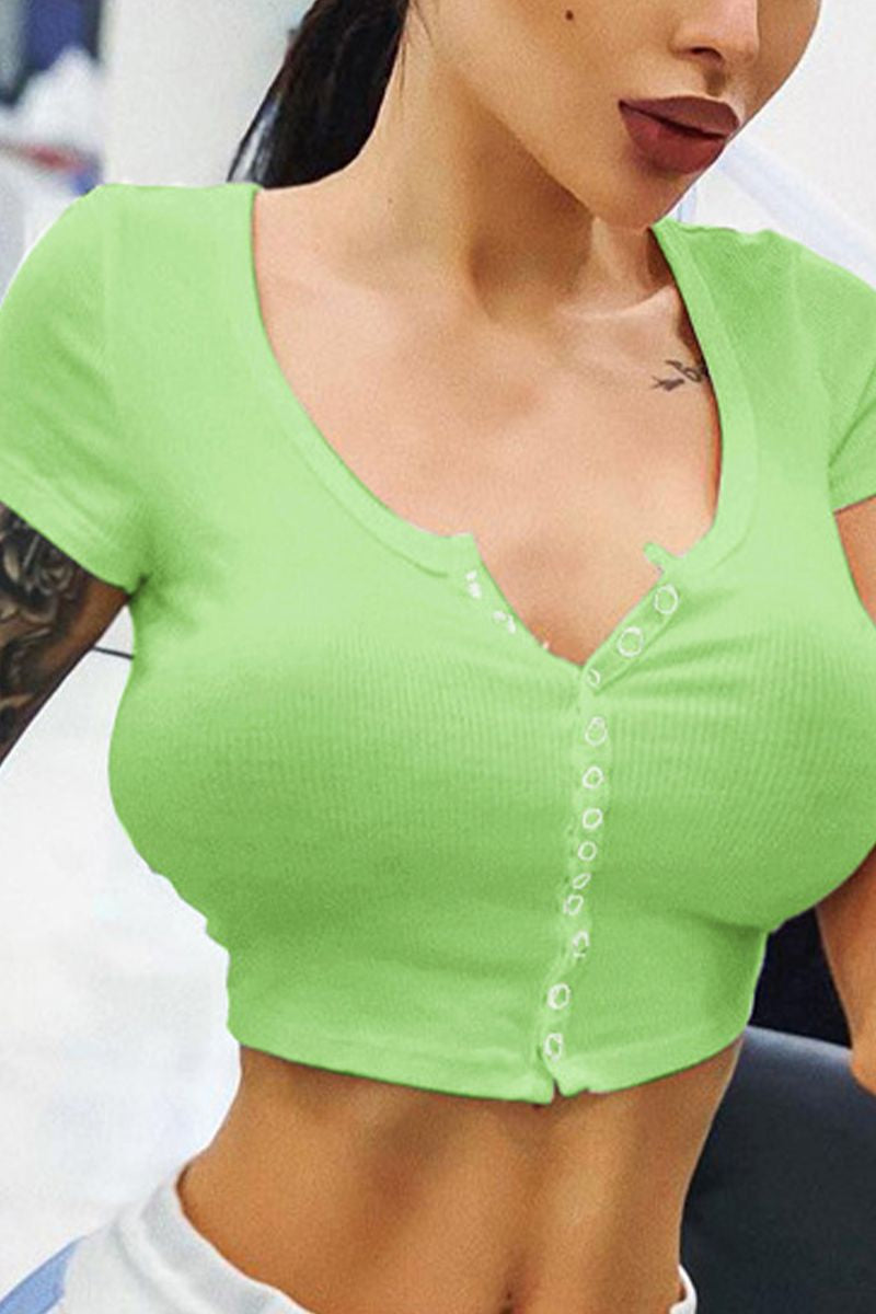 Button Through Ribbed Crop T-Shirt-Pinkami