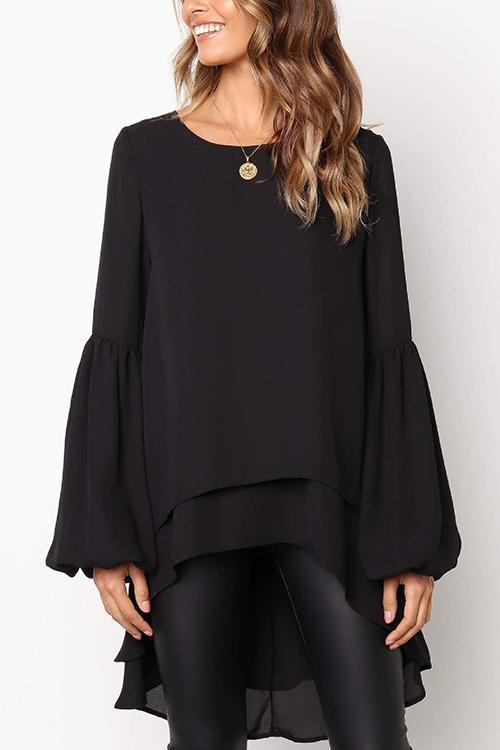 Puff Sleeve Lrregular Hem Solid Color Long Sleeve T-Shirt-Pinkami