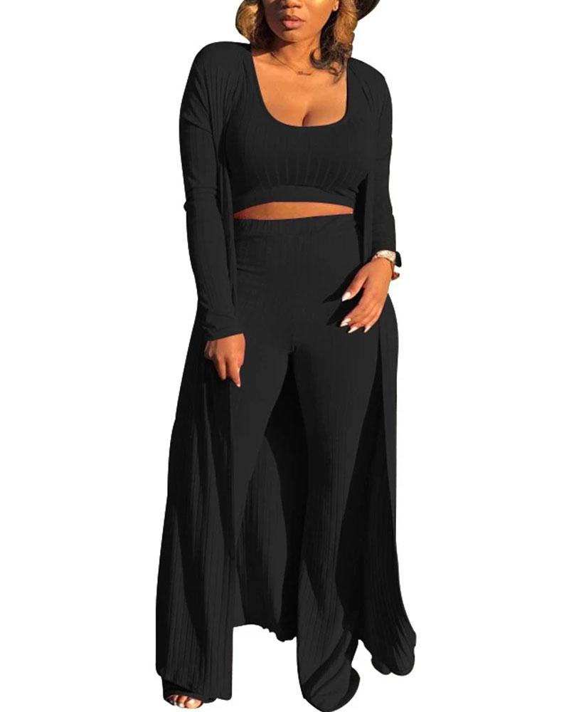 Scoop Neck Ribbed Wide Leg Cardigan & Top & Pants Set