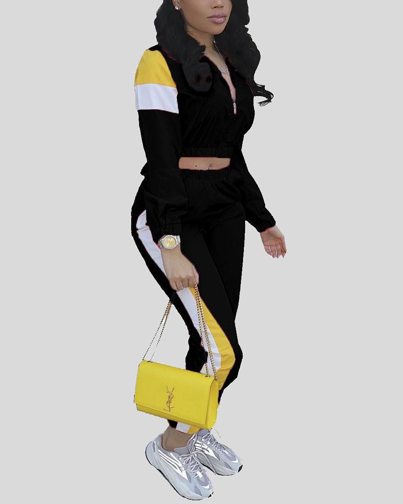 Colorblock Pocket Detail Zip Front Top & Pants Set-Pinkami