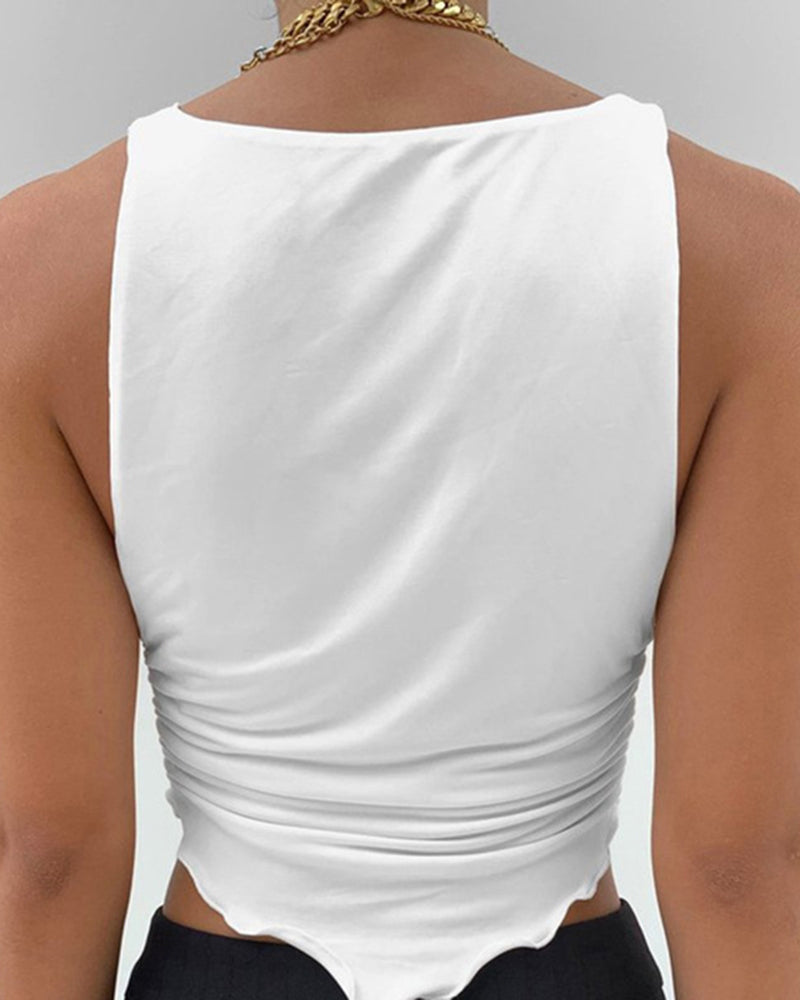 Hanky Hem Lettuce Trim Cowl Neck Crop Tank Top-Pinkami