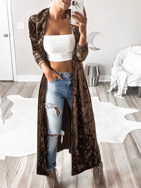 Solid Color Velvet Long Sleeved Long Cardigan-Pinkami