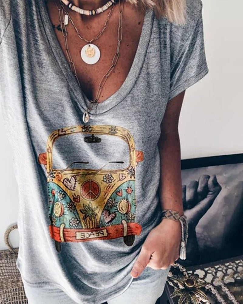 Car Print Marled Knit V Neck T-Shirt-Pinkami