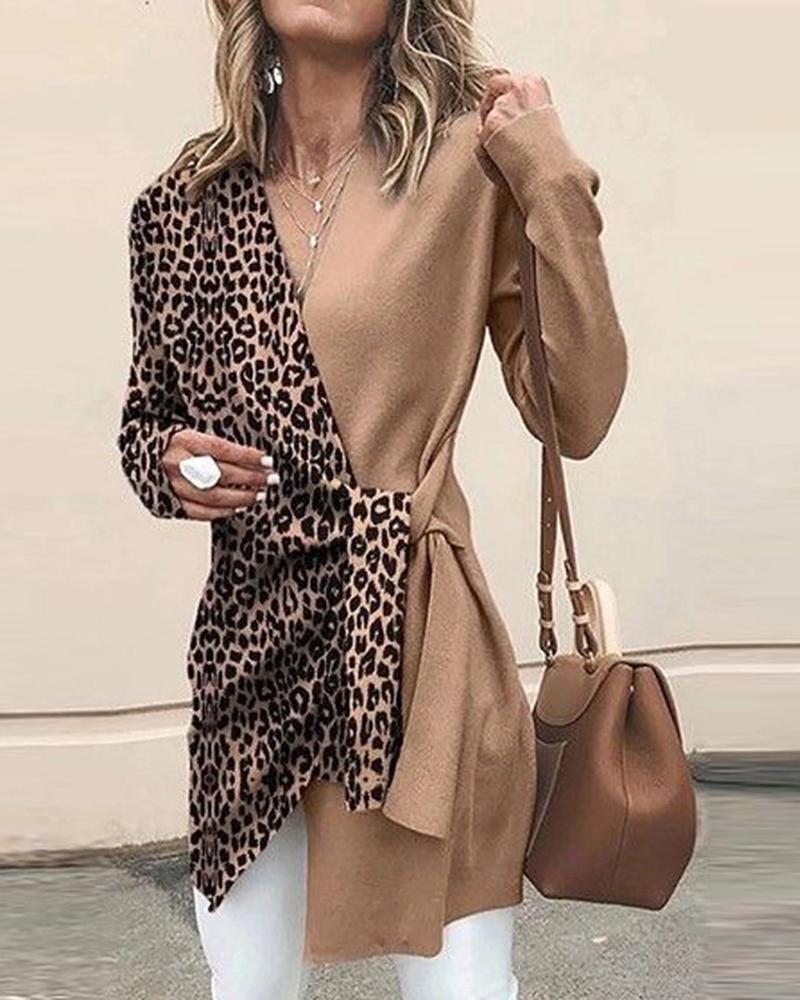 Colorblock & Leopard Print Twist Side Asymmetrical Hem Sweater-Pinkami