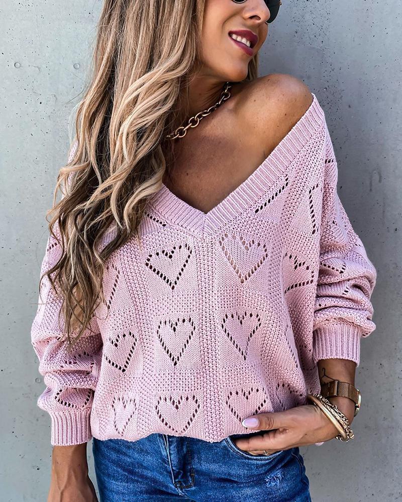 Solid Hollow Out V Neck Sweater-Pinkami