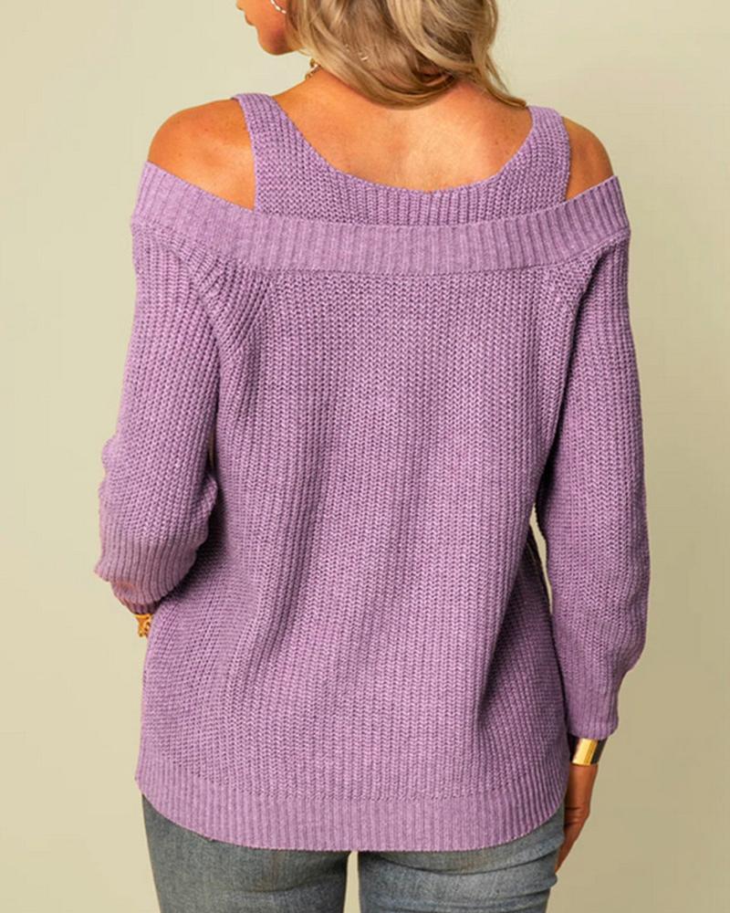 Rib-Knit Cut Out Cold Shoulder Sweater-Pinkami