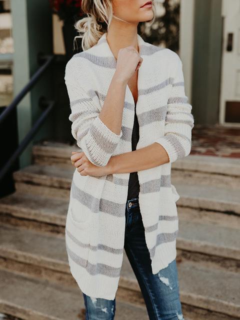 Stripe Splicing Knitted Sweater Cardigan-Pinkami