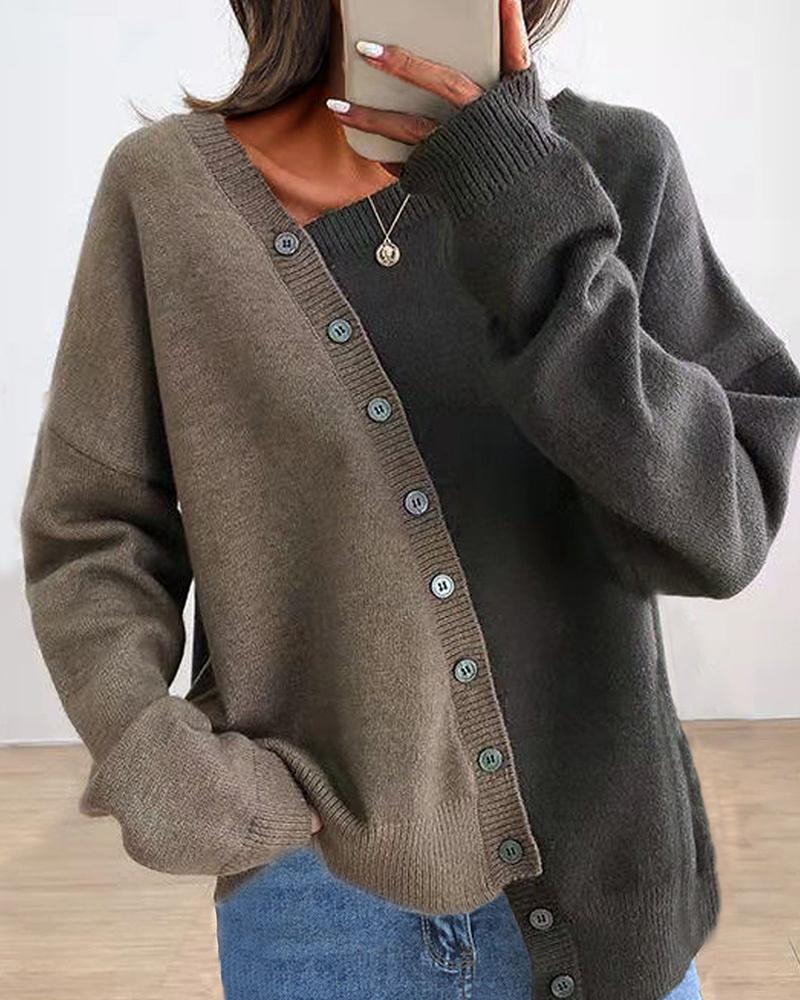 Two Tone Button Detail Asymmetrical Neck Sweater-Pinkami