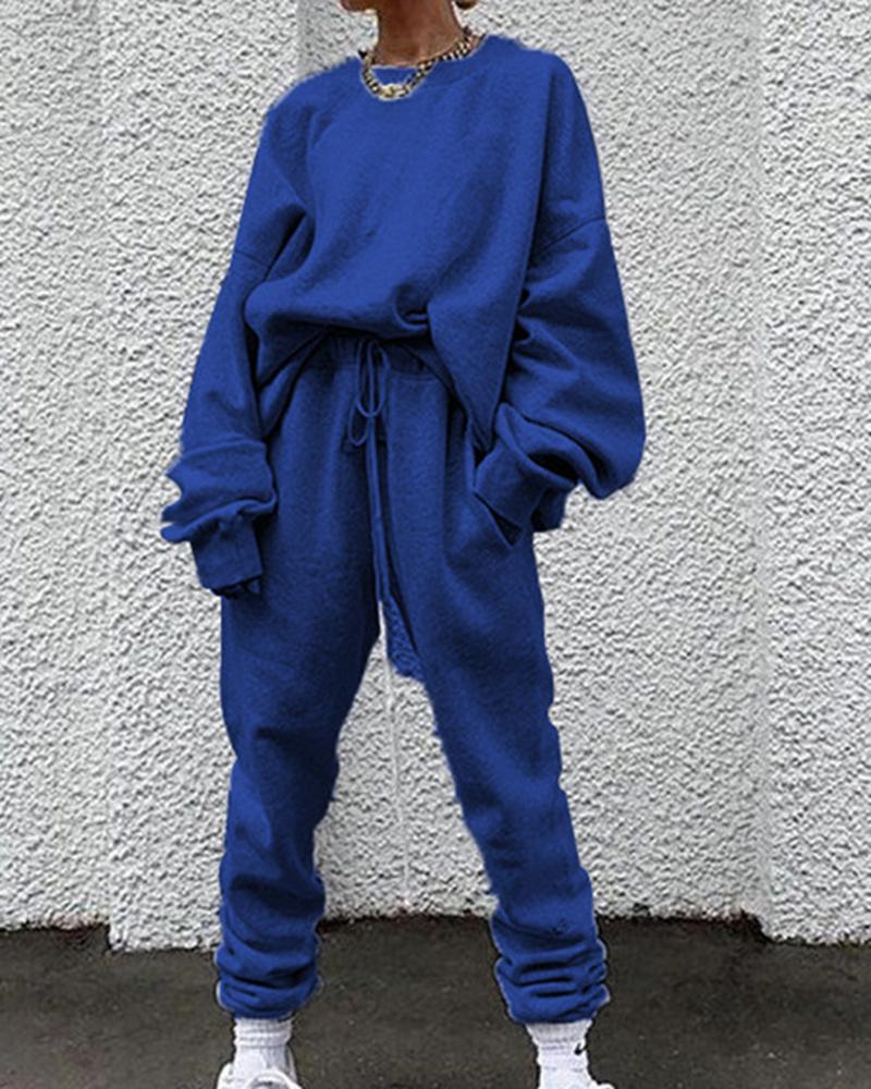 Solid Drawstring Waist Slant Pocket Elastic Hem Sweatshirt & Pants Set-Pinkami