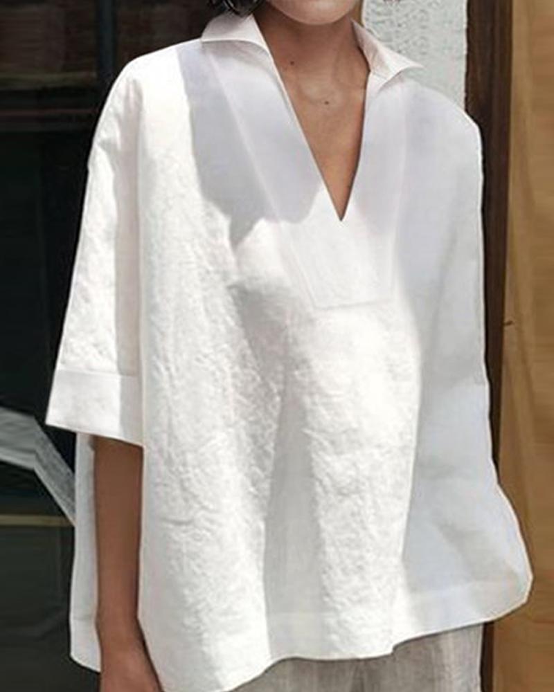 Linen V-Neck Loose Top-Pinkami