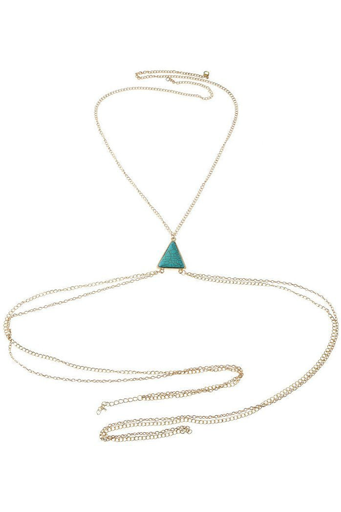 Gold Layered Triangle Turquoise Accent Boho Belly Body Chain Necklace-Pinkami