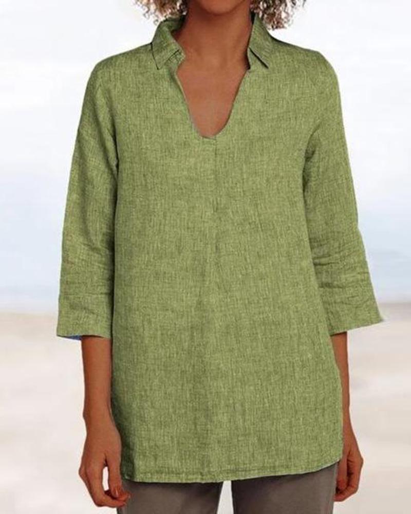 V Neck Collared Linen Top-Pinkami